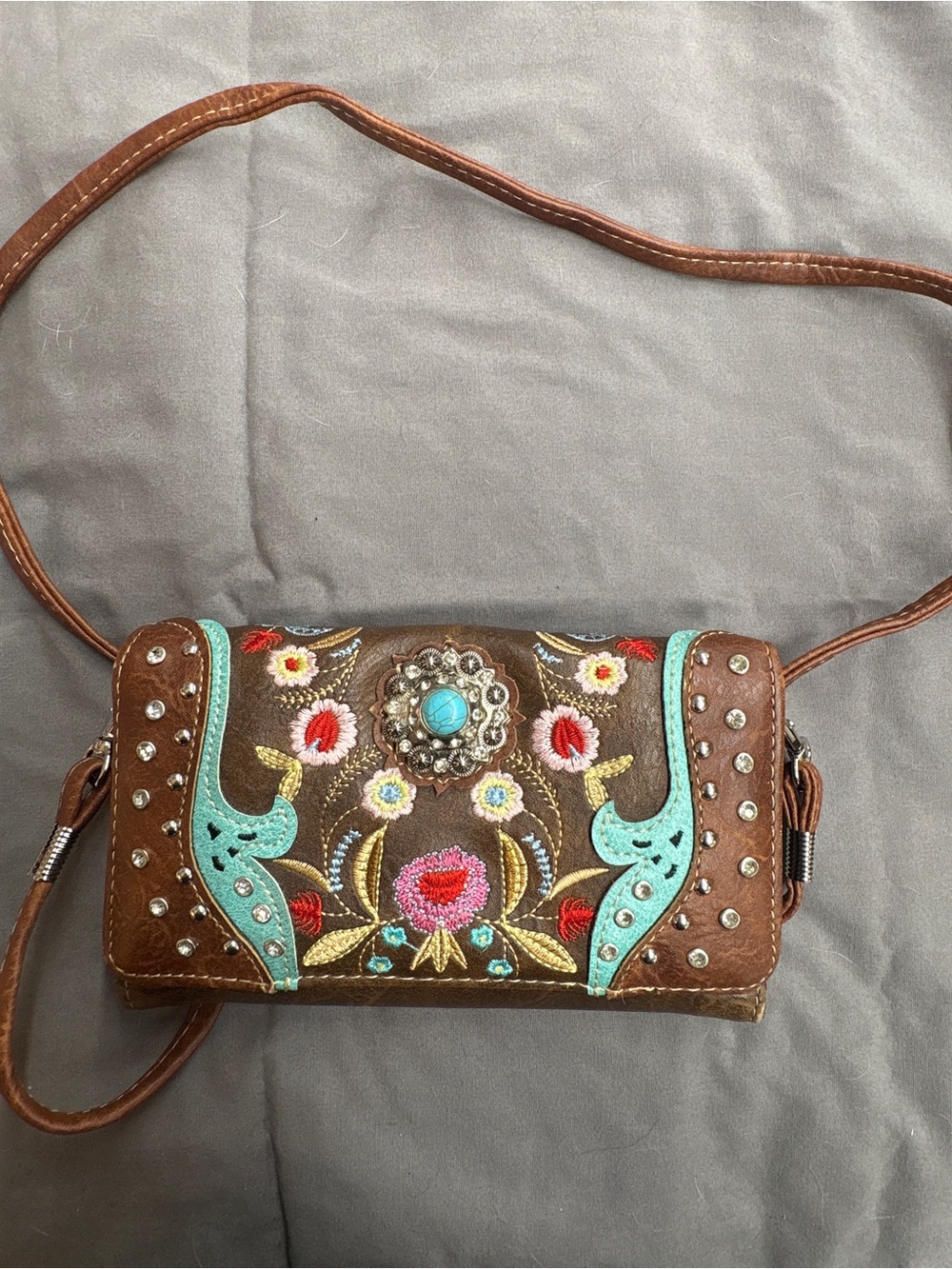 Boho Embroidered Brown Crossbody Bag with Turquoise Accents